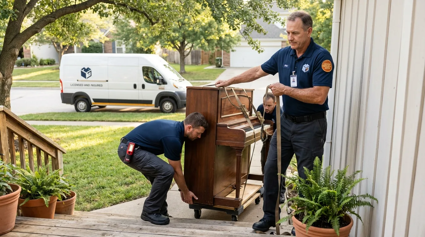 Licensed piano movers securing grand piano in Papillion, NE