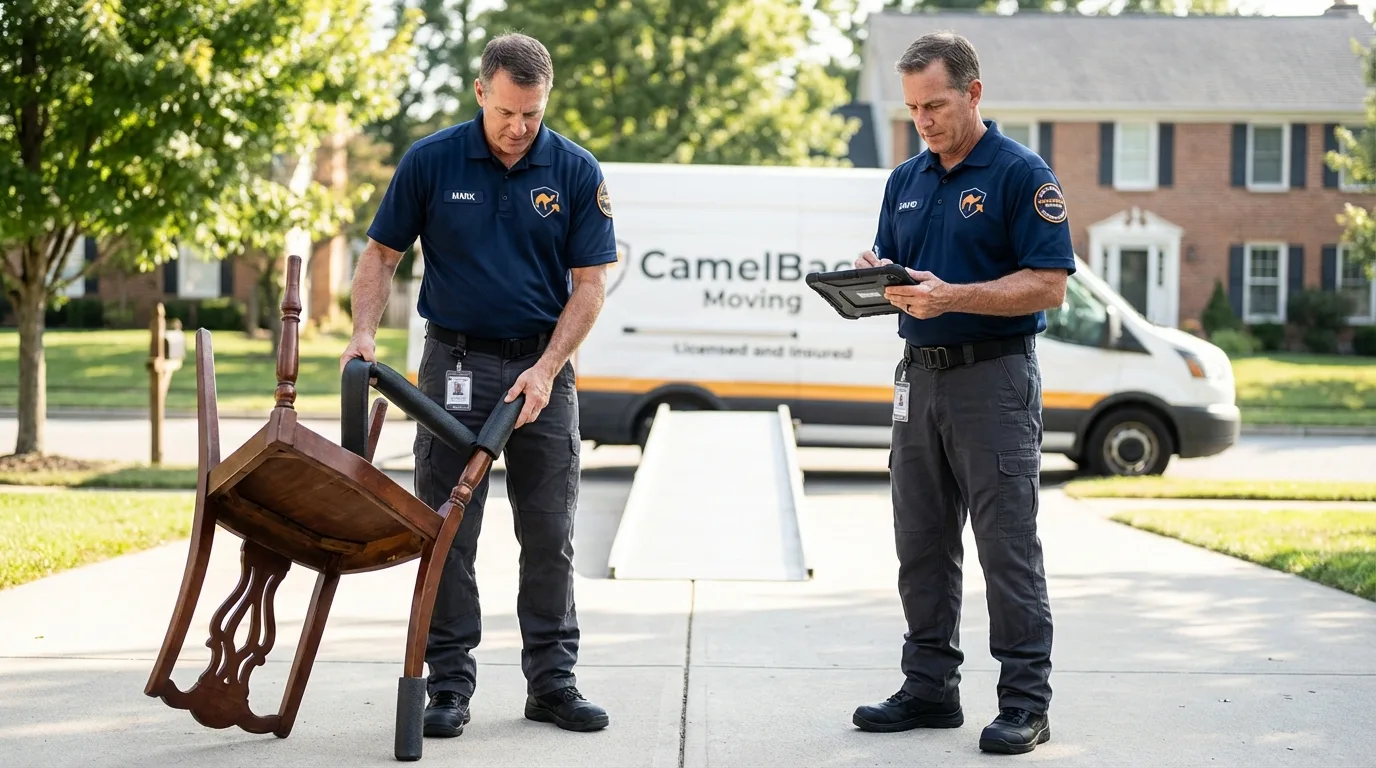 Movers inspecting furniture for damage prevention before loading in Papillion, NE