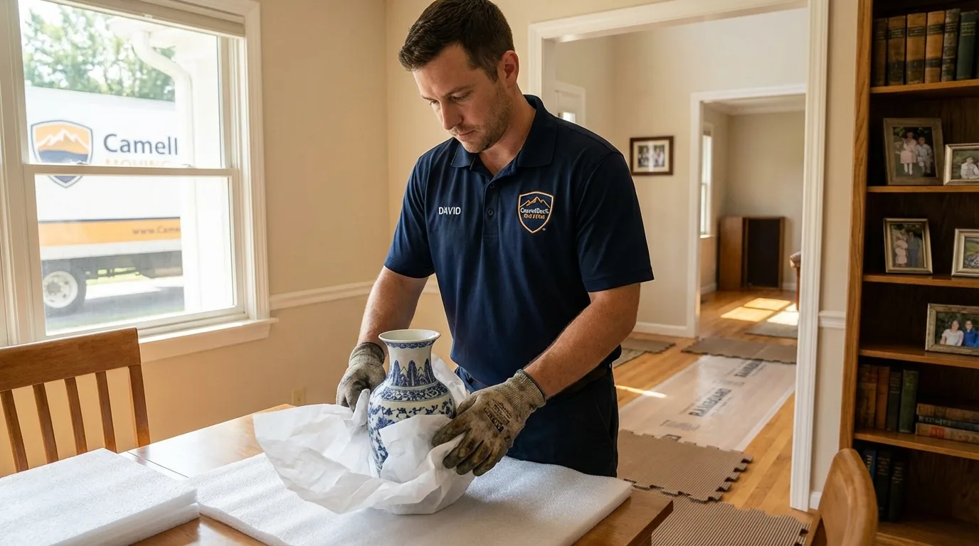 Professional crew carefully wrapping antique vase for senior downsizing move in Papillion, NE